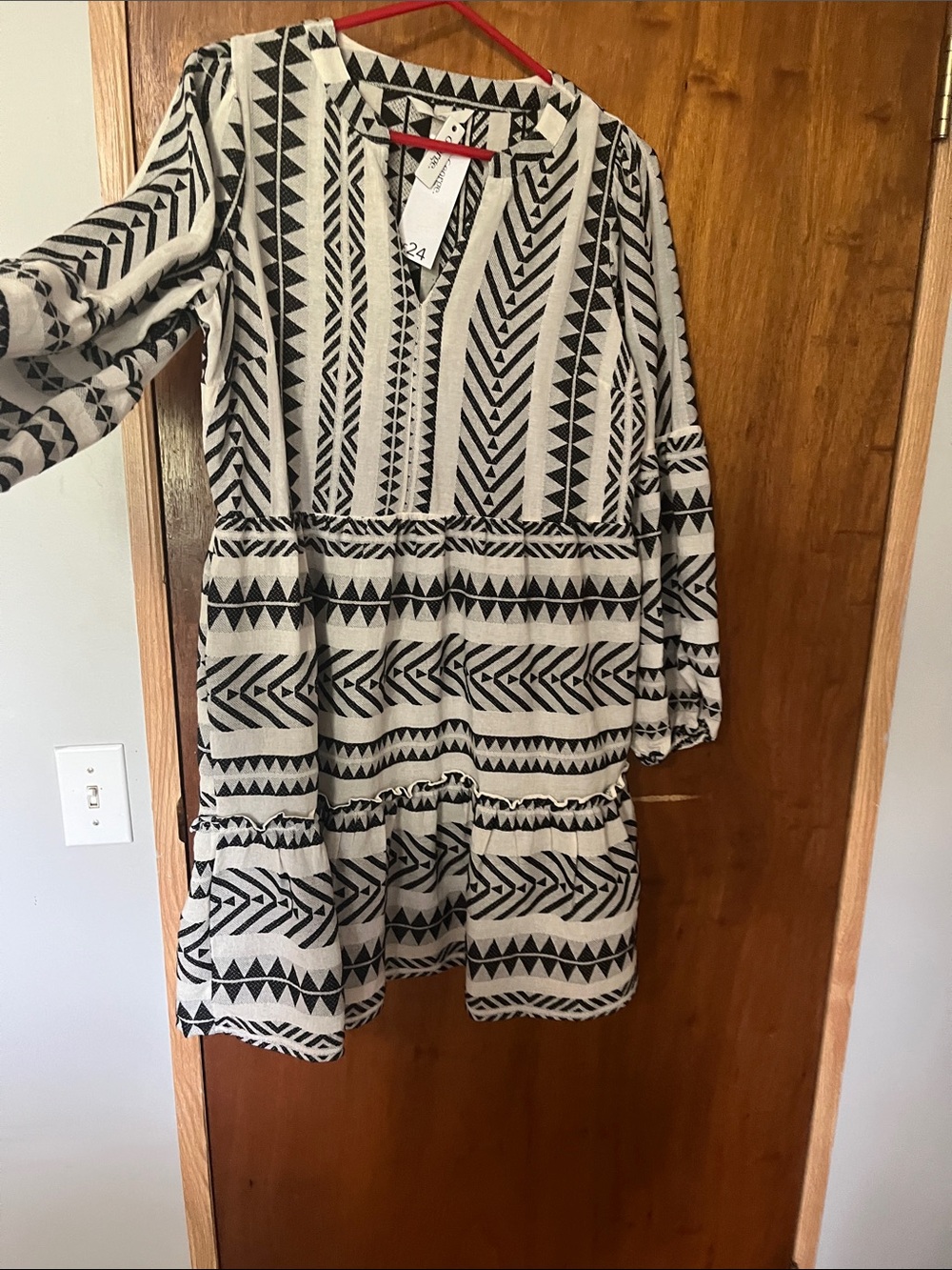 George Black & White Geometric Tiered Long Sleeve Dress